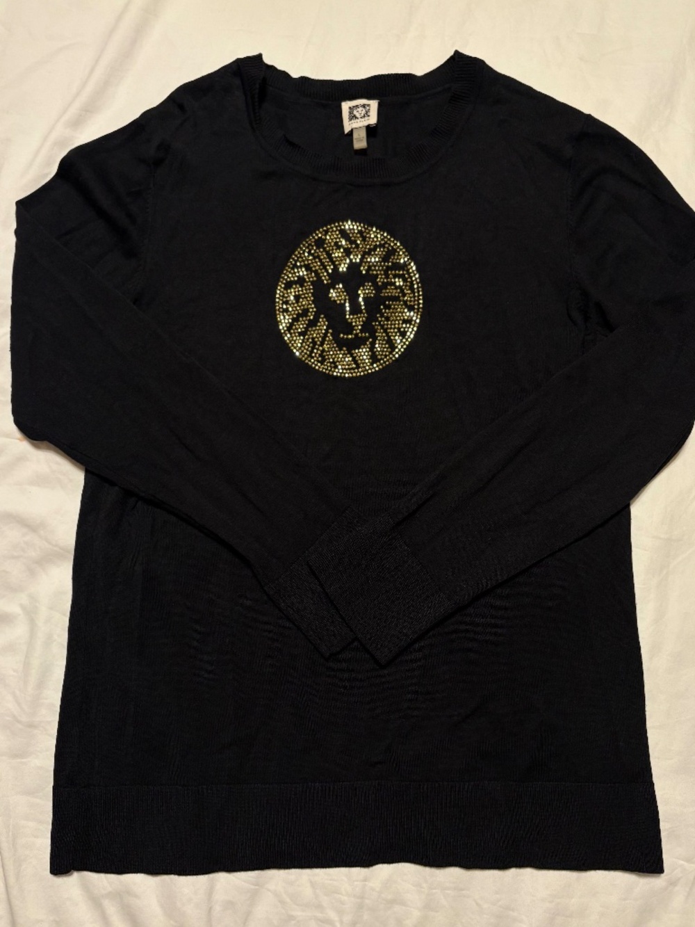 Anne Klein Rhinestone Lion Crest Sweater - Size L - Black